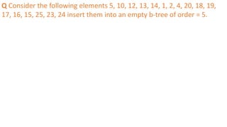 Q Consider the following elements 5, 10, 12, 13, 14, 1, 2, 4, 20, 18, 19,
17, 16, 15, 25, 23, 24 insert them into an empty b-tree of order = 5.
 