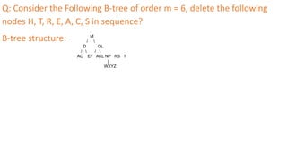 Q: Consider the Following B-tree of order m = 6, delete the following
nodes H, T, R, E, A, C, S in sequence?
B-tree structure: M
/ 
D QL
/  / 
AC EF AKL NP RS T
|
WXYZ
 