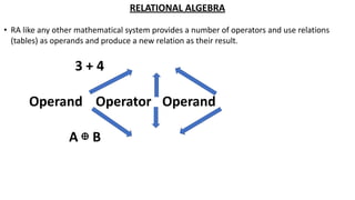 RELATIONAL ALGEBRA
• RA like any other mathematical system provides a number of operators and use relations
(tables) as operands and produce a new relation as their result.
3 + 4
Operand Operator Operand
A ⊕ B
 