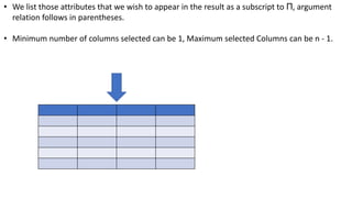 • We list those attributes that we wish to appear in the result as a subscript to Π, argument
relation follows in parentheses.
• Minimum number of columns selected can be 1, Maximum selected Columns can be n - 1.
 