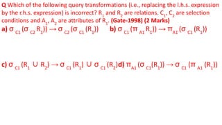 Q Which of the following query transformations (i.e., replacing the l.h.s. expression
by the r.h.s. expression) is incorrect? R1
and R2
are relations. C1
, C2
are selection
conditions and A1
, A2
are attributes of R1
. (Gate-1998) (2 Marks)
a) σ C1
(σ C2
R1
)) → σ C2
(σ C1
(R1
)) b) σ C1
(π A1
R1
)) → πA1
(σ C1
(R1
))
c) σ C1
(R1
∪ R2
) → σ C1
(R1
) ∪ σ C1
(R2
)d) πA1
(σ C1
(R1
)) → σ C1
(π A1
(R1
))
 