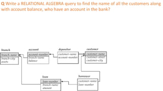 Q Write a RELATIONAL ALGEBRA query to find the name of all the customers along
with account balance, who have an account in the bank?
 