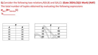 Q.Consider the following two relations,R(A,B) and S(A,C): (Gate 2024,CS)(1 Mark) (NAT)
The total number of tuples obtained by evaluating the following expressions
σB<C
(R⋈R.A=S.A
S )
is_________
 