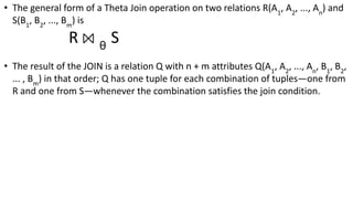 • The general form of a Theta Join operation on two relations R(A1
, A2
, ..., An
) and
S(B1
, B2
, ..., Bm
) is
R ⨝ θ
S
• The result of the JOIN is a relation Q with n + m attributes Q(A1
, A2
, ..., An
, B1
, B2
,
... , Bm
) in that order; Q has one tuple for each combination of tuples—one from
R and one from S—whenever the combination satisfies the join condition.
 