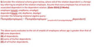 Q Consider the relational schema given below, where eId of the relation dependent is a foreign
key referring to empId of the relation employee. Assume that every employee has at least one
associated dependent in the dependent relation. (Gate-2014) (2 Marks)
employee (empId, empName, empAge)
dependent(depId, eId, depName, depAge)
Consider the following relational algebra query:
ΠempId(employee) − ΠempId(employee⋈(empId=eID)∧(empAge≤depAge)
dependent)
The above query evaluates to the set of empIds of employees whose age is greater than that of
(A) some dependent.
(B) all dependents.
(C) some of his/her dependents
(D) all of his/her dependents.
 