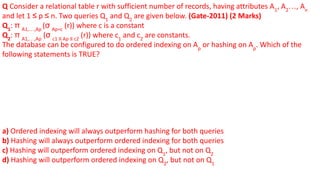Q Consider a relational table r with sufficient number of records, having attributes A1
, A2
…, An
and let 1 ≤ p ≤ n. Two queries Q1
and Q2
are given below. (Gate-2011) (2 Marks)
Q1
: π A1,…,Ap
(σ Ap=c
(r)) where c is a constant
Q2
: π A1,…,Ap
(σ c1 ≤ Ap ≤ c2
(r)) where c1
and c2
are constants.
The database can be configured to do ordered indexing on Ap
or hashing on Ap
. Which of the
following statements is TRUE?
a) Ordered indexing will always outperform hashing for both queries
b) Hashing will always outperform ordered indexing for both queries
c) Hashing will outperform ordered indexing on Q1
, but not on Q2
d) Hashing will outperform ordered indexing on Q2
, but not on Q1
 