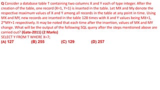 Q Consider a database table T containing two columns X and Y each of type integer. After the
creation of the table, one record (X=1, Y=1) is inserted in the table. Let MX and My denote the
respective maximum values of X and Y among all records in the table at any point in time. Using
MX and MY, new records are inserted in the table 128 times with X and Y values being MX+1,
2*MY+1 respectively. It may be noted that each time after the insertion, values of MX and MY
change. What will be the output of the following SQL query after the steps mentioned above are
carried out? (Gate-2011) (2 Marks)
SELECT Y FROM T WHERE X=7;
(A) 127 (B) 255 (C) 129 (D) 257
 