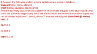 Q Consider the following relation schema pertaining to a students database:
Student (rollno, name, address)
Enroll (rollno, courseno, coursename)
where the primary keys are shown underlined. The number of tuples in the Student and Enroll
tables are 120 and 8 respectively. What are the maximum and minimum number of tuples that
can be present in (Student * Enroll), where ‘*’ denotes natural join? (Gate-2004) (2 Marks)
(A) 8, 8
(B) 120, 8
(C) 960, 8
(D) 960, 120
 