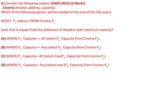 Q Consider the following relation (GATE-2015) (2 Marks)
Cinema (theater, address, capacity)
Which of the following options will be needed at the end of the SQL query
SELECT P1
.address FROM Cinema P1
Such that it always finds the addresses of theaters with maximum capacity?
(A) WHERE P1
. Capacity> = All (select P2
. Capacity from Cinema P2
)
(B) WHERE P1
. Capacity> = Any (select P2
. Capacity from Cinema P2
)
(C) WHERE P1
. Capacity> All (select max(P2
. Capacity) from Cinema P2
)
(D) WHERE P1
. Capacity> Any (select max (P2
. Capacity) from Cinema P2
)
 