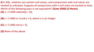 Q In SQL, relations can contain null values, and comparisons with null values are
treated as unknown. Suppose all comparisons with a null value are treated as false.
Which of the following pairs is not equivalent? (Gate-2000) (2 Marks)
(A) x = 5 AND not(not(x = 5))
(B) x = 5 AND x> 4 and x < 6, where x is an integer
(C) x < 5 AND not (x = 5)
(D) None of the above
 