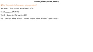 Student(Roll No, Name, Branch)
Q Find the details of all computer science students?
SQL: select * from student where branch = CSE
RA: {σ branch = CSE
(Student)}
TRC: {t | Student(t) ∩ t. branch = CSE}
DRC: {(Roll No, Name, Branch) | Student (Roll no, Name, Branch) ∩ branch = CSE}
 
