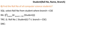 Student(Roll No, Name, Branch)
Q Find the Roll No of all computer science students?
SQL: select Roll No from student where branch = CSE
RA: {∏sname
(σ branch = CSE
(Student))}
TRC: {t. Roll No | Student(t) ∩ t. branch = CSE}
DRC:
 