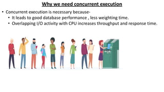 Why we need concurrent execution
• Concurrent execution is necessary because-
• It leads to good database performance , less weighting time.
• Overlapping I/O activity with CPU increases throughput and response time.
 