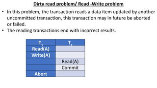 Dirty read problem/ Read -Write problem
• In this problem, the transaction reads a data item updated by another
uncommitted transaction, this transaction may in future be aborted
or failed.
• The reading transactions end with incorrect results.
T1
T2
Read(A)
Write(A)
Read(A)
Commit
Abort
 