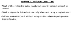 REASONS TO HAVE WEAK ENTITY SET
• Weak entities reflect the logical structure of an entity being dependent on
another.
• Weak entity can be deleted automatically when their strong entity is deleted.
• Without weak entity set it will lead to duplication and consequent possible
inconsistencies.
 