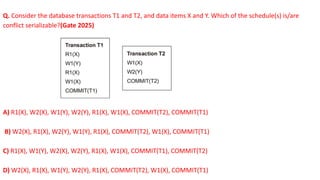 Q. Consider the database transactions T1 and T2, and data items X and Y. Which of the schedule(s) is/are
conflict serializable?(Gate 2025)
A) R1(X), W2(X), W1(Y), W2(Y), R1(X), W1(X), COMMIT(T2), COMMIT(T1)
B) W2(X), R1(X), W2(Y), W1(Y), R1(X), COMMIT(T2), W1(X), COMMIT(T1)
C) R1(X), W1(Y), W2(X), W2(Y), R1(X), W1(X), COMMIT(T1), COMMIT(T2)
D) W2(X), R1(X), W1(Y), W2(Y), R1(X), COMMIT(T2), W1(X), COMMIT(T1)
 