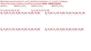Q Consider two transactions T1
and T2
which form schedules S1
, S2
, S3
and S4
as follows: -
Which of the above schedules is conflicts serializable? (GATE - 2009) (2 Marks)
a) Only S1
b) Both S1
and S2
c) Both S1
and S4
d) Both S3
and S4
T1
: R1
[A], W1
[A], W1
[B] T2
: R2
[A], R2
[B], W2
[B]
S1
: R1
[A], R2
[A], R2
[B], W1
[A], W2
[B], W1
[B] S2
: R1
[A], R2
[A], R2
[B], W1
[A], W1
[B], W2
[B]
S3
: R2
[A], R1
[A], R2
[B], W1
[A], W1
[B], W2
[B] S4
: R1
[A], R2
[A], R2
[B], W1
[B], R2
[B], W2
[B]
 