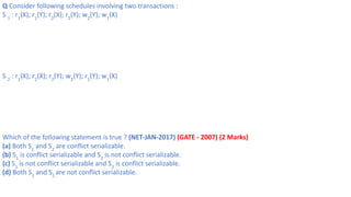 Q Consider following schedules involving two transactions :
S 1
: r1
(X); r1
(Y); r2
(X); r2
(Y); w2
(Y); w1
(X)
S 2
: r1
(X); r2
(X); r2
(Y); w2
(Y); r1
(Y); w1
(X)
Which of the following statement is true ? (NET-JAN-2017) (GATE - 2007) (2 Marks)
(a) Both S1
and S2
are conflict serializable.
(b) S1
is conflict serializable and S2
is not conflict serializable.
(c) S1
is not conflict serializable and S2
is conflict serializable.
(d) Both S1
and S2
are not conflict serializable.
 