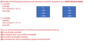 Q Consider the following transactions with data items P and Q initialized to zero: (GATE-2012) (2 Marks)
T1
: read (P);
read (Q);
if P = 0 then Q: = Q + 1;
write (Q);
T2
: read (Q);
read (P);
if Q = 0 then P: = P + 1;
write (P);
Any non-serial interleaving of T1 and T2 for concurrent execution leads to
(A) A serializable schedule
(B) A schedule that is not conflict serializable
(C) A conflict serializable schedule
(D) A schedule for which a precedence graph cannot be drawn
T1
r(P)
r(Q)
w(Q)
T2
r(Q)
r(P)
w(P)
 
