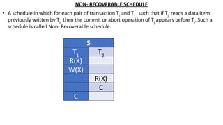 NON- RECOVERABLE SCHEDULE
• A schedule in which for each pair of transaction Ti
and Tj ,
such that if Tj
reads a data item
previously written by Ti
, then the commit or abort operation of Tj
appears before Ti
. Such a
schedule is called Non- Recoverable schedule.
S
T1
T2
R(X)
W(X)
R(X)
C
C
 
