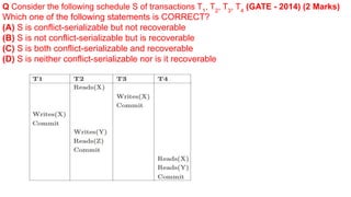 Q Consider the following schedule S of transactions T1
, T2
, T3
, T4
(GATE - 2014) (2 Marks)
Which one of the following statements is CORRECT?
(A) S is conflict-serializable but not recoverable
(B) S is not conflict-serializable but is recoverable
(C) S is both conflict-serializable and recoverable
(D) S is neither conflict-serializable nor is it recoverable
 