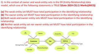 Q. In the context of owner and weak entity sets in the ER (Entity-Relationship) data
model, which one of the following statements is TRUE?(Gate 2024 CS) (1 Marks)(MCQ)
(a) The weak entity set MUST have total participation in the identifying relationship
(b) The owner entity set MUST have total participation in the identifying relationship
(c) Both weak and owner entity sets MUST have total participation in the identifying
relationship
(d) Neither weak entity set nor owner entity set MUST have total participation in the
identifying relationship
 