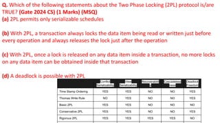 Q. Which of the following statements about the Two Phase Locking (2PL) protocol is/are
TRUE? (Gate 2024 CS) (1 Marks) (MSQ)
(a) 2PL permits only serializable schedules
(b) With 2PL, a transaction always locks the data item being read or written just before
every operation and always releases the lock just after the operation
(c) With 2PL, once a lock is released on any data item inside a transaction, no more locks
on any data item can be obtained inside that transaction
(d) A deadlock is possible with 2PL
Conflict
Serializability
View
Serializability
Recoverabilit
y
Cascadeless
ness
Deadlock
Freedom
Time Stamp Ordering YES YES NO NO YES
Thomas Write Rule NO YES NO NO YES
Basic 2PL YES YES NO NO NO
Conservative 2PL YES YES NO NO YES
Rigorous 2PL YES YES YES YES NO
 