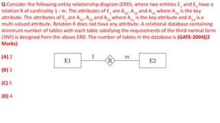 Q Consider the following entity relationship diagram (ERD), where two entities E1
and E2
have a
relation R of cardinality 1 : m. The attributes of E1
are A11
, A12
and A13
where A11
is the key
attribute. The attributes of E2
are A21
, A22
and A23
where A21
is the key attribute and A23
is a
multi-valued attribute. Relation R does not have any attribute. A relational database containing
minimum number of tables with each table satisfying the requirements of the third normal form
(3NF) is designed from the above ERD. The number of tables in the database is (GATE-2004)(2
Marks)
(A) 2
(B) 3
(C) 5
(D) 4
 