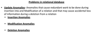 Problems in relational database
• Update Anomalies- Anomalies that cause redundant work to be done during
insertion into and Modification of a relation and that may cause accidental loss
of information during a deletion from a relation
• Insertion Anomalies
• Modification Anomalies
• Deletion Anomalies
 