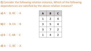 Q Consider the following relation instance, Which of the following
dependencies are satisfied by the above relation instance?
a) A 🡪 B, BC 🡪 A
b) C 🡪 B, CA 🡪 B
c) B 🡪 C, AB 🡪 C
d) A 🡪 C, BC 🡪 A
A B C
1 2 4
3 5 4
3 7 2
1 4 2
 