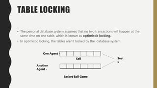 TABLE LOCKING
• The personal database system assumes that no two transactions will happen at the
same time on one table, which is known as optimistic locking.
• In optimistic locking, the tables aren’t locked by the database system
One Agent -
Another
Agent -
Seat
s
Sell
Basket Ball Game
 