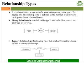 Ø A relationship type is a meaningful association among entity types. The
degree of a relationship type is defined as the number of entity sets
participating in that relationship type.
Ø Binary Relationship: A relationship type is said to be binary when two
entity sets are involved.
Ø Ternary Relationship: Relationship types that involve three entity sets are
defined as ternary relationships.
7
Relationship Types
 