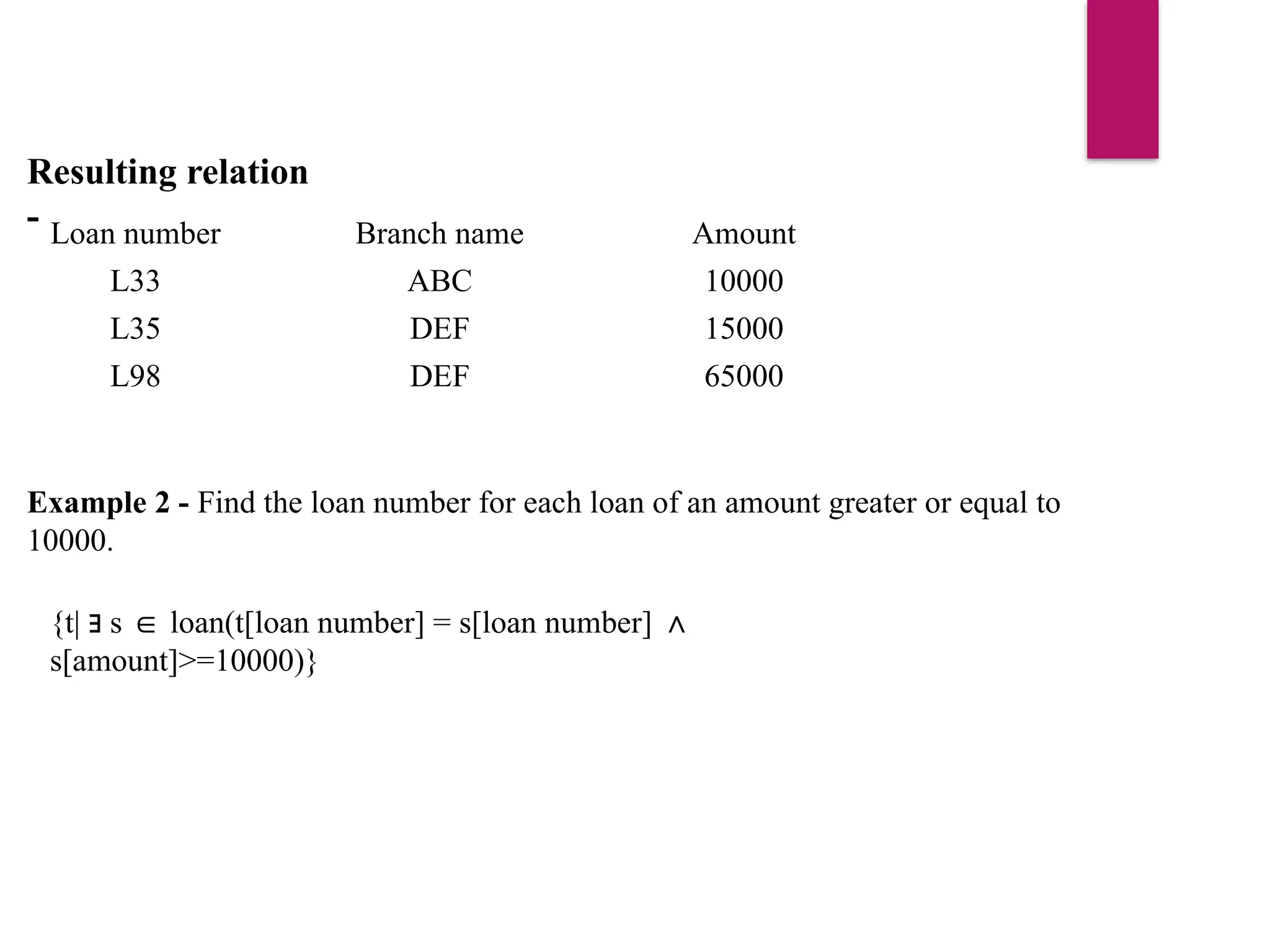 Resulting relation
- Loan number Branch name Amount
L33 ABC 10000
L35 DEF 15000
L98 DEF 65000
Example 2 - Find the loan number for each loan of an amount greater or equal to
10000.
{t| s loan(t[loan number] = s[loan number]
∃ ∈ ∧
s[amount]>=10000)}
 