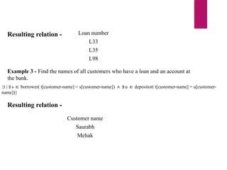 Resulting relation - Loan number
L33
L35
L98
Example 3 - Find the names of all customers who have a loan and an account at
the bank.
{t | s borrower( t[customer-name] = s[customer-name]) u depositor( t[customer-name] = u[customer-
∃ ∈ ∧ ∃ ∈
name])}
Resulting relation -
Customer name
Saurabh
Mehak
 
