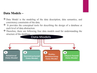 Data Models –
 Data Model is the modeling of the data description, data semantics, and
consistency constraints of the data.
 It provides the conceptual tools for describing the design of a database at
each level of data abstraction.
 Therefore, there are following four data models used for understanding the
structure of the database:
 