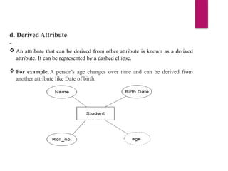 d. Derived Attribute
-
 An attribute that can be derived from other attribute is known as a derived
attribute. It can be represented by a dashed ellipse.
 For example, A person's age changes over time and can be derived from
another attribute like Date of birth.
 