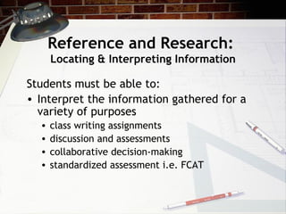 Reference and Research:  Locating & Interpreting Information Students must be able to: Interpret the information gathered for a variety of purposes  class writing assignments  discussion and assessments  collaborative decision-making  standardized assessment i.e. FCAT 
