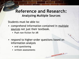 Reference and Research: Analyzing Multiple Sources Students must be able to: comprehend information contained in  multiple sources  not just their textbook. Push non-fiction for AR respond to higher-order questions based on information analysis  oral questioning  written assessments 