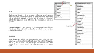 …
Referential integrity is a property of data which, when
satisfied, requires every value of one attribute (column)
of a relation (table) to exist as a value of another
attribute (column) in a different (or the same) relation
(table).
A foreign key (FK) is a column or combination of columns
that is used to establish and enforce a link between the
data in two tables.
Integrity
Data integrity refers to maintaining and assuring the
accuracy and consistency of data over its entire life-cycle,
and is a critical aspect to the design, implementation and
usage of any system which stores, processes, or retrieves
data.
 