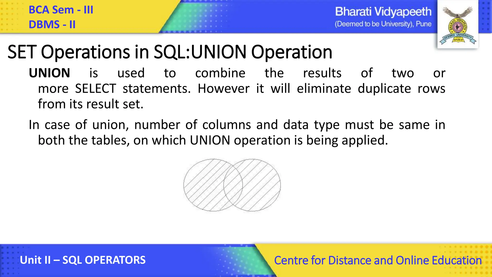 BCA Sem - III DBMS - II Unit II – SQL OPERATORS Centre for Distance and Online Education SET Operations in SQL:UNION Operation UNION is used to combine the results of two or more SELECT statements. However it will eliminate duplicate rows from its result set. In case of union, number of columns and data type must be same in both the tables, on which UNION operation is being applied. 
