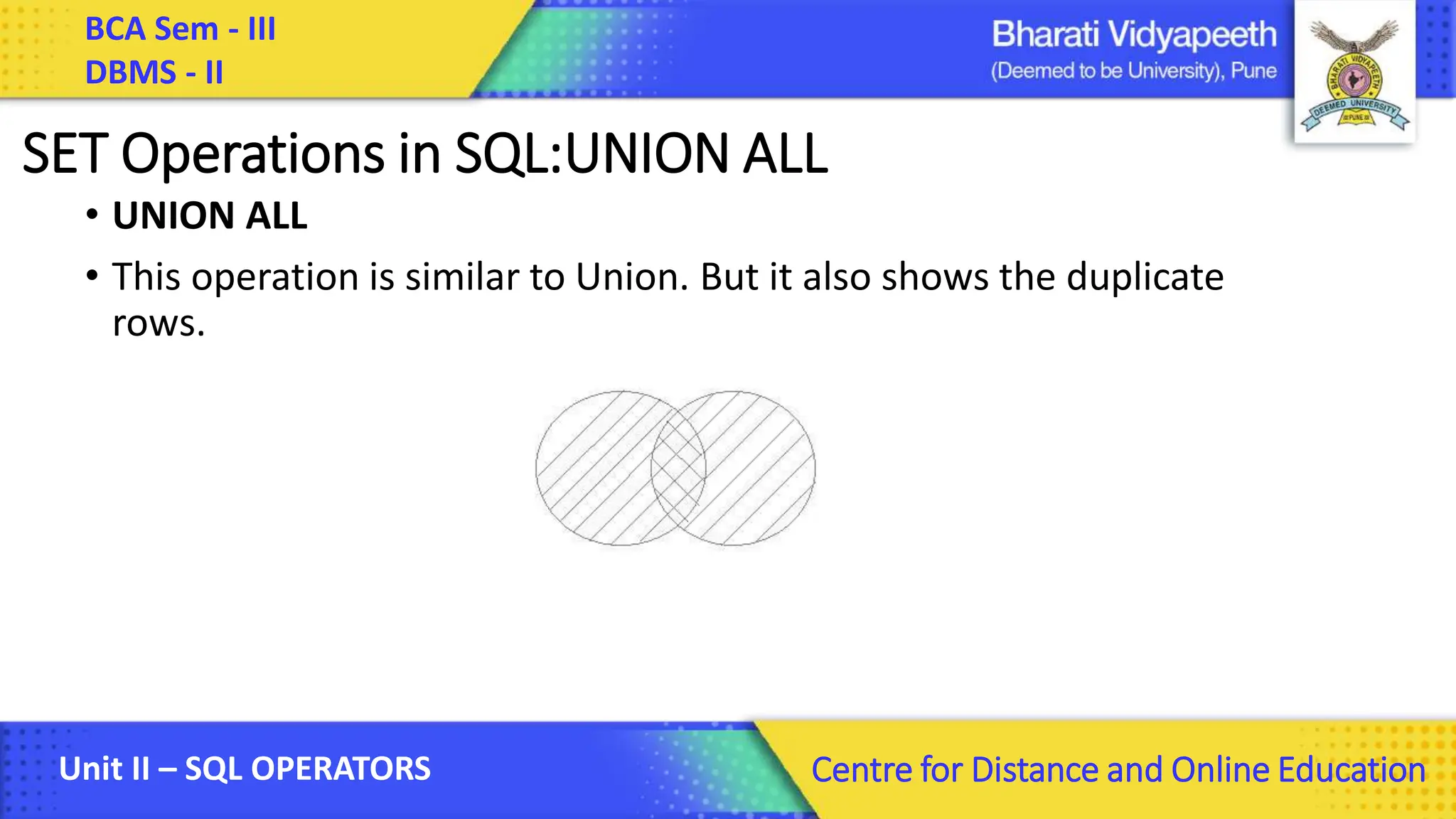BCA Sem - III DBMS - II Unit II – SQL OPERATORS Centre for Distance and Online Education SET Operations in SQL:UNION ALL • UNION ALL • This operation is similar to Union. But it also shows the duplicate rows. 