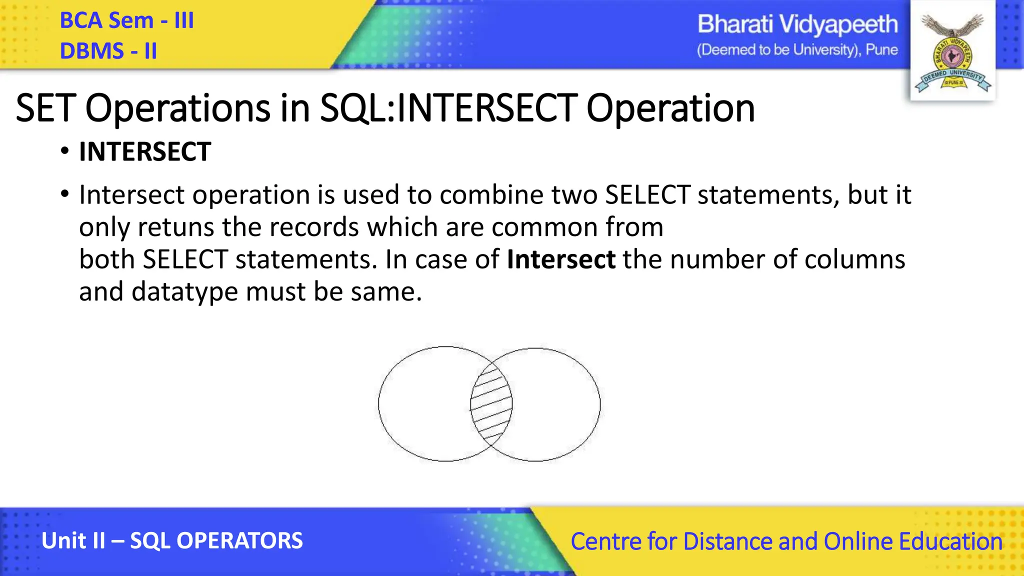 BCA Sem - III DBMS - II Unit II – SQL OPERATORS Centre for Distance and Online Education SET Operations in SQL:INTERSECT Operation • INTERSECT • Intersect operation is used to combine two SELECT statements, but it only retuns the records which are common from both SELECT statements. In case of Intersect the number of columns and datatype must be same. 