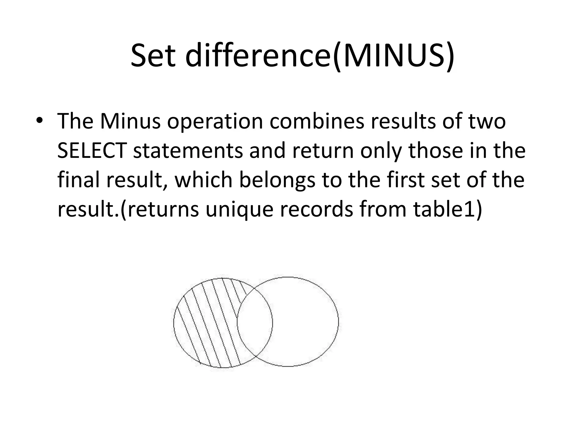 Set difference(MINUS)
• The Minus operation combines results of two
SELECT statements and return only those in the
final result, which belongs to the first set of the
result.(returns unique records from table1)
 