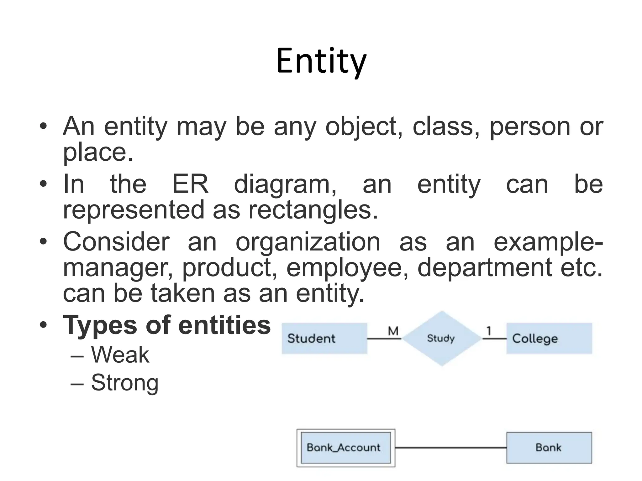Entity
• An entity may be any object, class, person or
place.
• In the ER diagram, an entity can be
represented as rectangles.
• Consider an organization as an example-
manager, product, employee, department etc.
can be taken as an entity.
• Types of entities
– Weak
– Strong
 