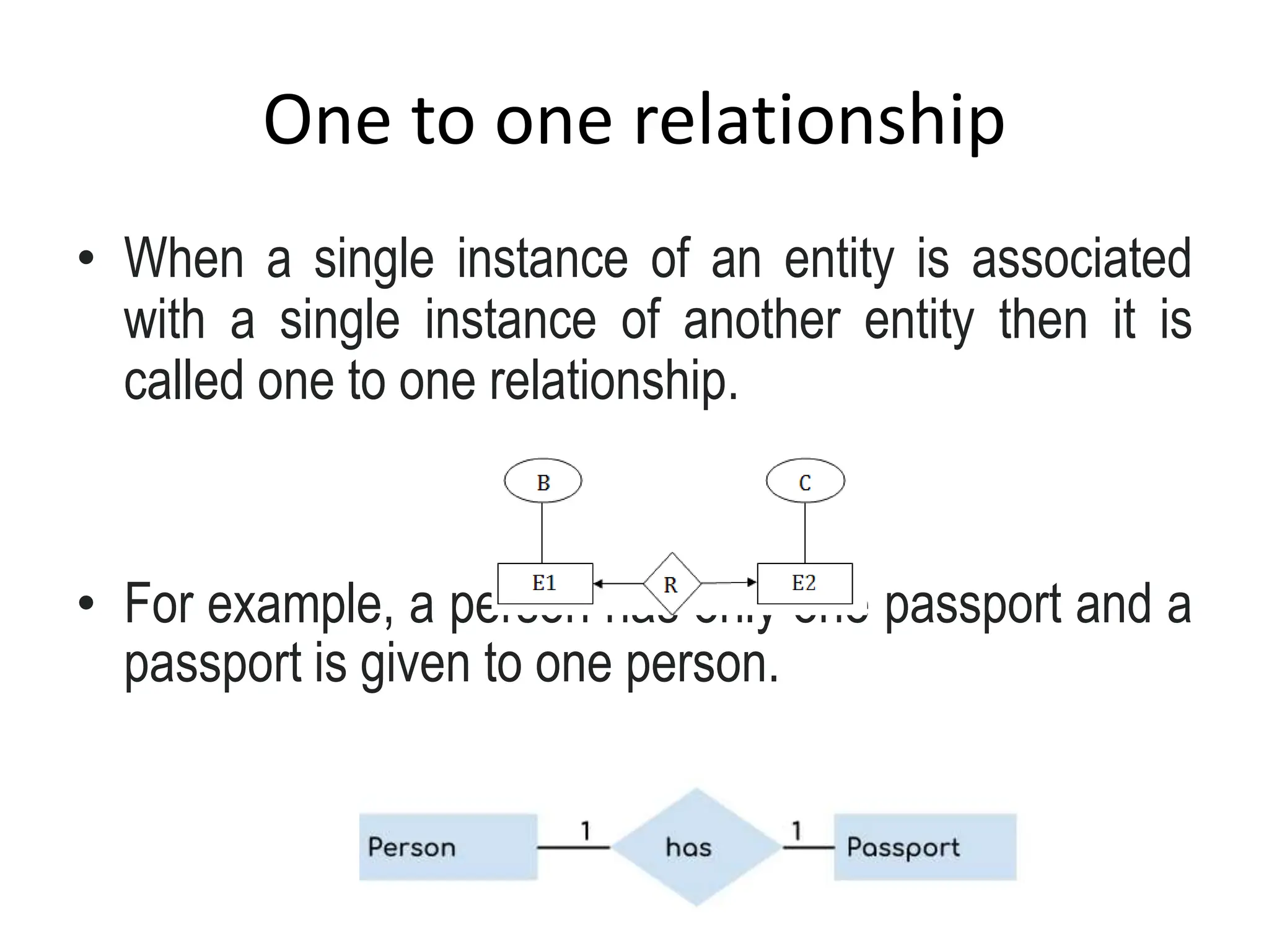 One to one relationship
• When a single instance of an entity is associated
with a single instance of another entity then it is
called one to one relationship.
• For example, a person has only one passport and a
passport is given to one person.
 