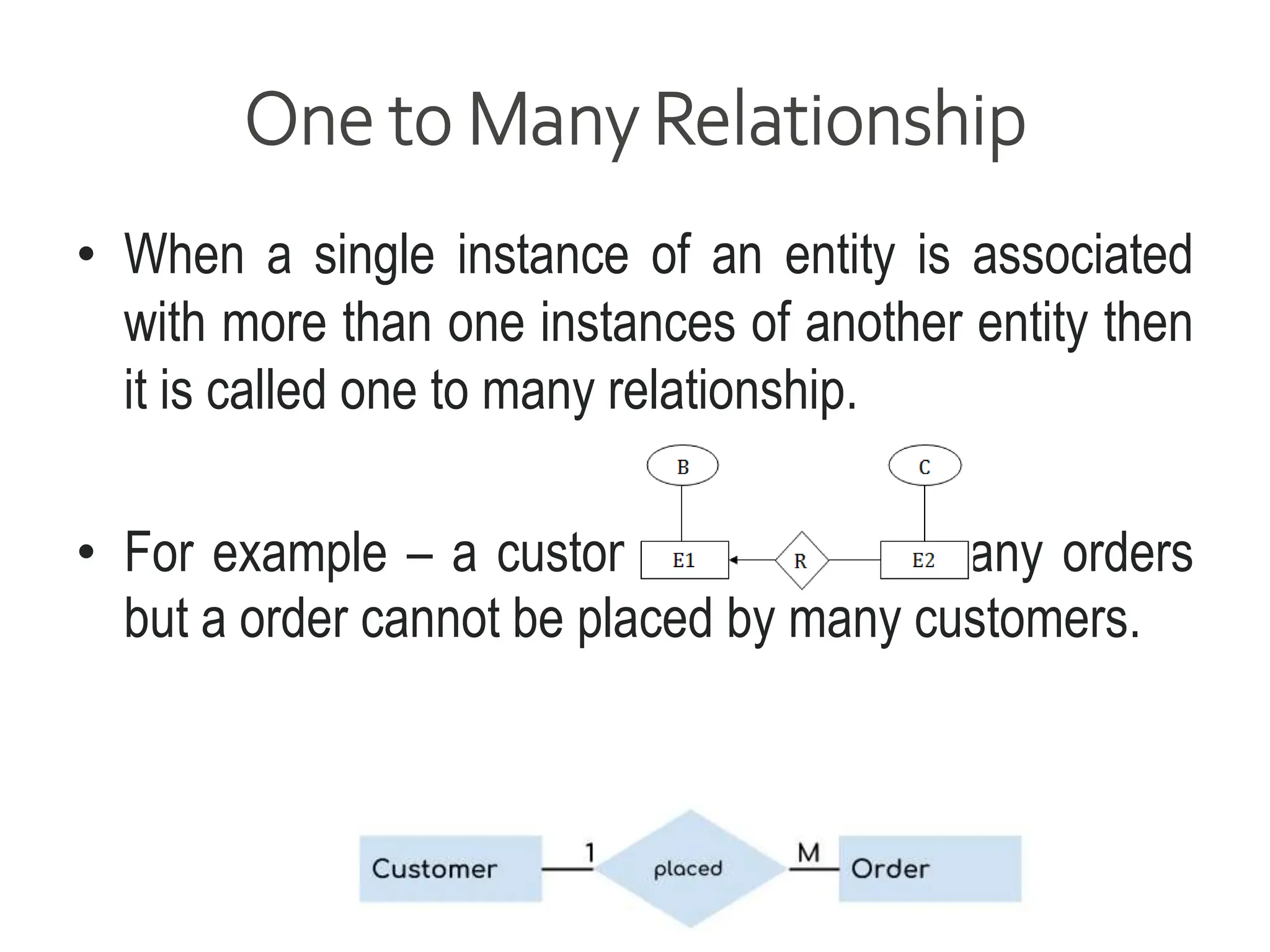 One to Many Relationship
• When a single instance of an entity is associated
with more than one instances of another entity then
it is called one to many relationship.
• For example – a customer can place many orders
but a order cannot be placed by many customers.
 