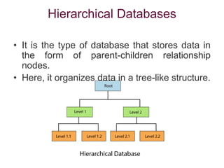 Hierarchical Databases
• It is the type of database that stores data in
the form of parent-children relationship
nodes.
• Here, it organizes data in a tree-like structure.
 