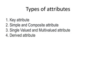Types of attributes
1. Key attribute
2. Simple and Composite attribute
3. Single Valued and Multivalued attribute
4. Derived attribute
 