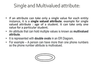 Single and Multivalued attribute:
• If an attribute can take only a single value for each entity
instance, it is a single valued attribute. example for single
valued attribute : age of a student. It can take only one
value for a particular student.
• An attribute that can hold multiple values is known as multivalued
attribute.
• It is represented with double ovals in an ER Diagram.
• For example – A person can have more than one phone numbers
so the phone number attribute is multivalued.
 