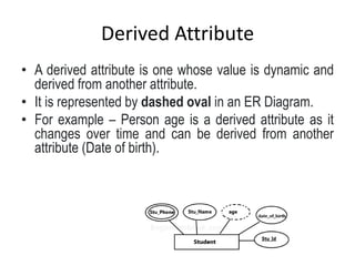 Derived Attribute
• A derived attribute is one whose value is dynamic and
derived from another attribute.
• It is represented by dashed oval in an ER Diagram.
• For example – Person age is a derived attribute as it
changes over time and can be derived from another
attribute (Date of birth).
 